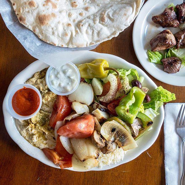 Vegetable Platter · Grilled mushrooms, tomatoes, onions, peppers and rosemary. Served with pita, salad, rice, hummus and babaganouj.