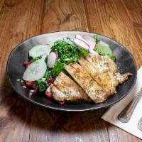 outro salad · grilled herb chicken, kale, cranberry, almond, onion, cherry tomato & creamy black sesame dr...