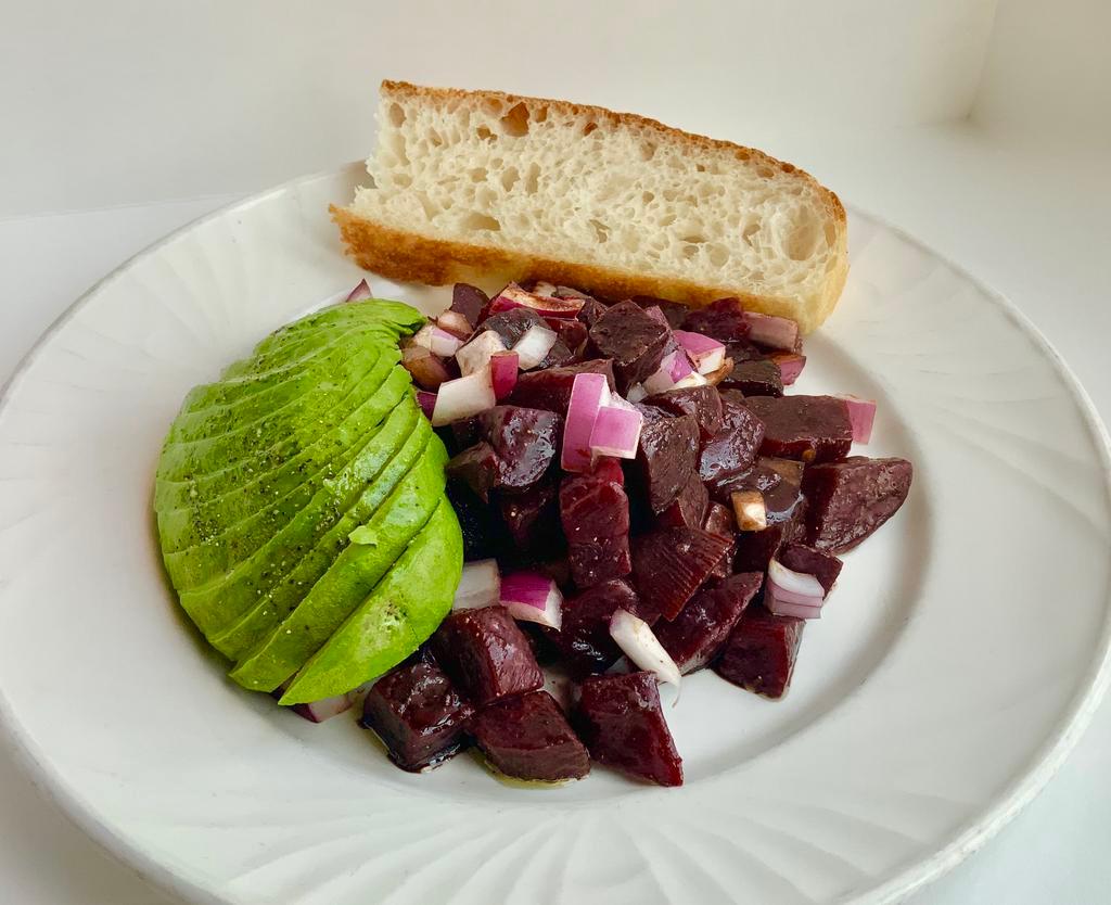 Avocado & Roasted Beet Salad · Avocados, roasted beets, red onions, olive oil, and balsamic.