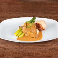 La Volaille et Son Homard · Roasted french chicken breast, butter poached lobster tail, Parmesan risotto, asparagus and ...