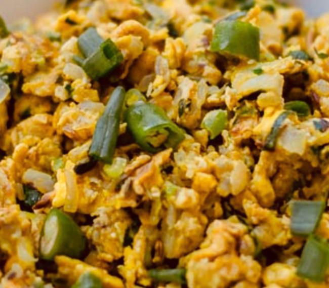 Egg Burji. · Scrambled eggs with onions and spices.
