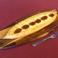 Sucuklu Pide · Mozarella and Turkish Pepperoni topped flatbread