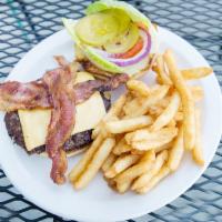 All-American Burger · American cheese, crisp lettuce, tomato, red onion and pickles. American-kobe ground beef coo...