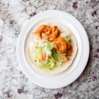 Camaron Asadito Taquitos · Grilled shrimp, lettuce, chipotle mayo and La Mejikana garnishing.