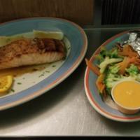 Grilled Norwegian Salmon · Fresh salmon grilled to perfection. Served with potato, vegetable, and cup of soup or mixed ...