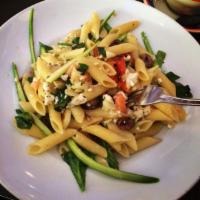Penne Greek Style · With chopped tomatoes, asparagus, roasted peppers, Kalamata olives and crumbled Feta cheese ...
