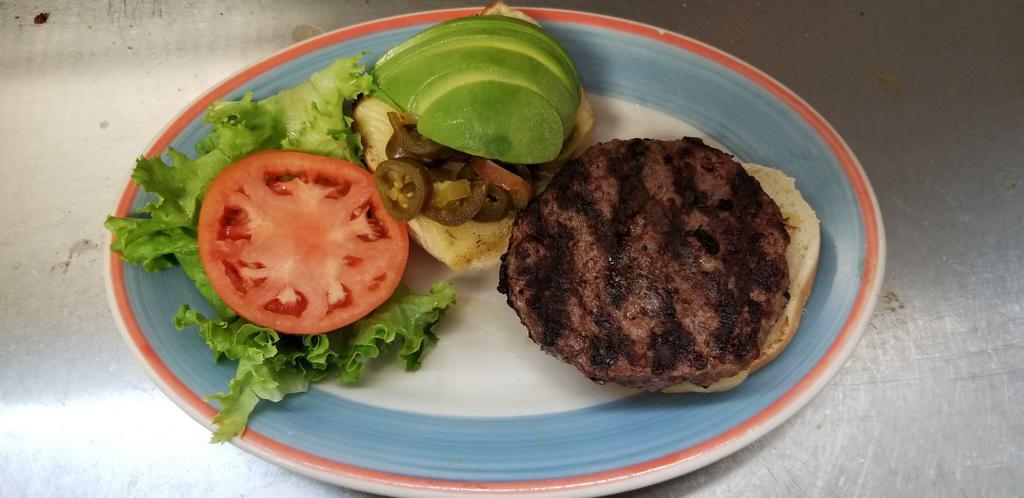 Mexican Burger · Served with Haas avocado, jalapenos, pepper jack cheese and tomato salsa. Deluxe is served french fries, lettuce, tomato, coleslaw and pickle. 