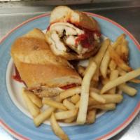 Grilled Chicken on a Baguette Special · With roasted red peppers and fresh mozzarella cheese, served with french fries.