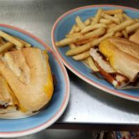 BBQ Chicken Sandwich Special · Charbroiled chicken breast with cheddar cheese, bacon and BBQ sauce on a hero served with fr...