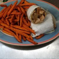 California Wrap · Grilled chicken, grilled onions and peppers, guacamole and ranch dressing. Served with frenc...