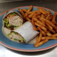 Turkey BLT Wrap · Fresh roast turkey, bacon, lettuce, tomato and mayo. Served with french fries, coleslaw and ...