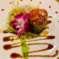 Spicy Tuna Twister · Spicy tuna and tempura flakes wrapped with layers of avocado with chef's special sauce.