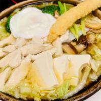 Nabeyaki Udon Noodle Soup · Served with salad.