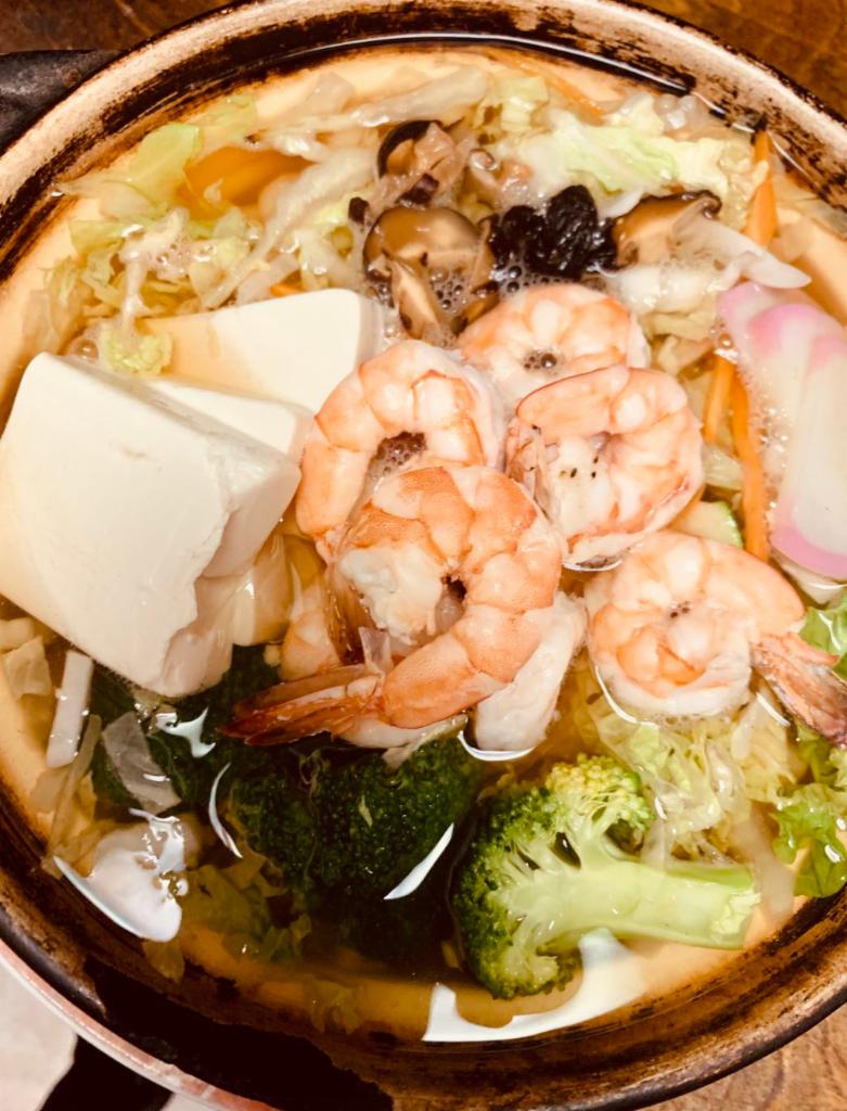 Shrimp Udon Noodle Soup · Served with salad.