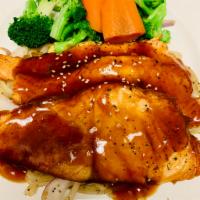 Salmon Teriyaki · Served with miso soup or salad and white rice or brown rice.