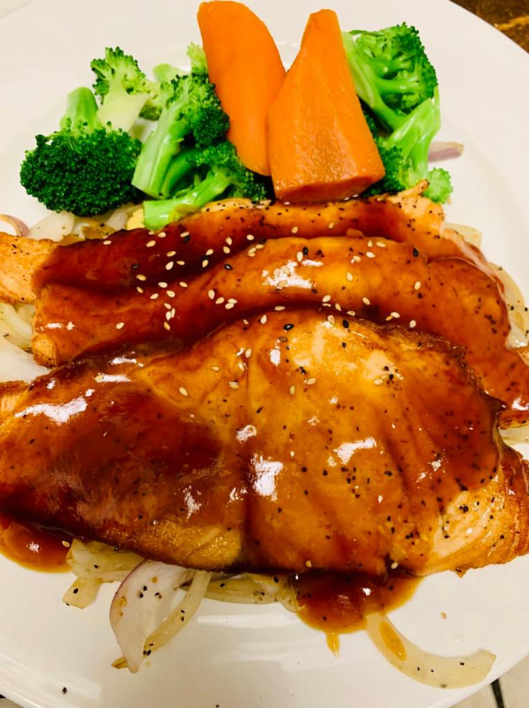 Salmon Teriyaki · Served with miso soup or salad and white rice or brown rice.