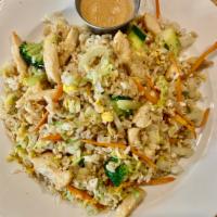 Hibachi Style Chicken Fried Rice · Served with miso soup and seafood sauce.