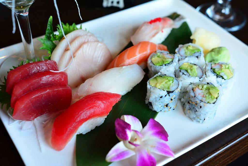 Sushi and Sashimi Combo for 1 · 12 pieces sashimi, 5 pieces sushi and California roll. Served with choice of side.