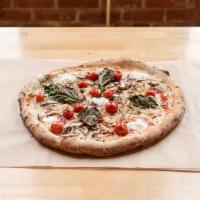 Verdure Pizza · Cherry Vesuvian Tomato, Mushrooms, Onions, Bufala Mozzarella Cheese, Fresh Basil, Garlic