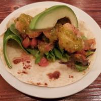Shrimp Taco · Crispy shrimps, greens, pico de gallo, salsa verde and avocado.