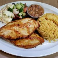 Pollo a la Plancha · Chicken filet. Served with rice, black beans, fried plantains and cucumber salad.