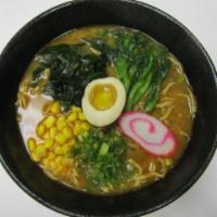 Ippin Ramen · Miso base in soup with choy sum, corn, seaweed, soft egg, fish cake and green onion. 