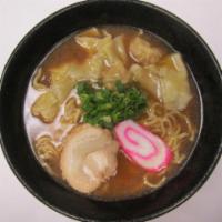 Wonton Ramen  · Shoyu base in soup with ground pork in wrapped, char siu, fish cake, and green onion. 