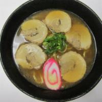 Char Siu Ramen  · Shoyu base in soup with pork belly, fish cake, and green onion. 