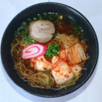 Kimchi Ramen  · Shoyu base in soup with spicy cabbage, char siu, fish cake and green onion. Spicy. 