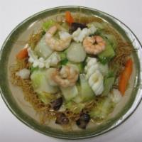 Seafood Crispy Noodle · Shoyu sauce with shrimp, scallop, squid, carrot, ground onion, mushroom, cabbage, green onio...