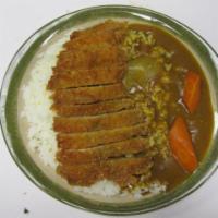 Chicken Katsu Curry Rice  · Chicken katsu, golden curry sauce and carrot on white rice.
