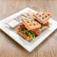 Atlanta Hot Chicken and Waffle Sandwich Lunch · Chef pamela's fried chicken, spicy maple sauce, mixed greens and house pickle.