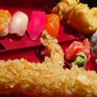 Sushi and Tempura Box · Tempura, nigiri, tuna, salmon, ebi, tamago, double dynamite roll, and agedashi tofu.