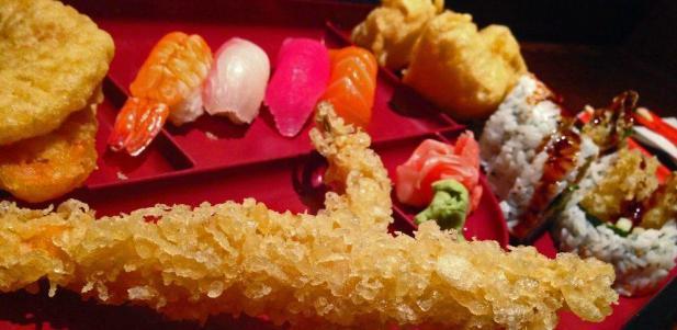Sushi and Tempura Box · Tempura, nigiri, tuna, salmon, ebi, tamago, double dynamite roll, and agedashi tofu.