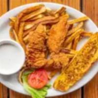 Chicken Strips · 4 pieces with garlic bread and 2 sides.