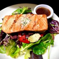Salmon Roma Salad · Grilled salmon over mixed greens, artichokes, roasted peppers, Kalamata olives and house vin...
