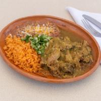 Chile Verde Plate · Chunks of pork shoulder slow cooked in a roasted tomatillo and jalapeno chile verde sauce. S...