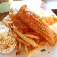 Fish and Chips · Beer battered North Atlantic cod with homemade tartar sauce and fries.