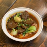 Braised Beef Noodle in Soup · Beef stew, chili pepper and bok choy.
