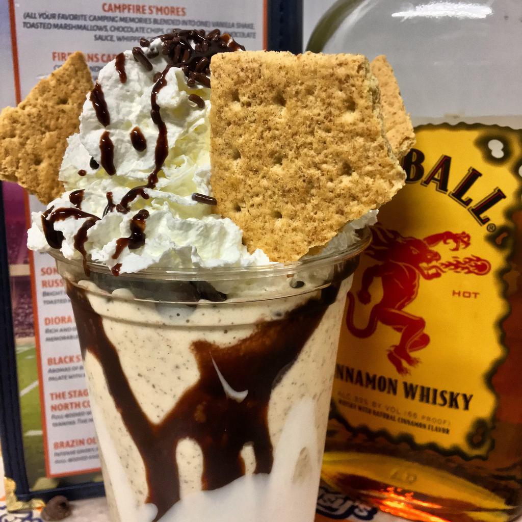 Campfire S'mores · All your favorite camping memories blended into 1. vanilla shake, toasted marshmallows, chocolate chips, graham crackers, chocolate sauce and whipped cream.