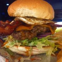 Rise and Shine Burger · Over easy fried egg, cheddar cheese, Jim Beam brown sugar glazed bacon and maple chipotle sa...