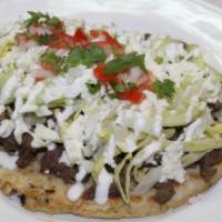 Regulares Huaraches · Plain. Oval corn tortilla stuffed with refried beans and topped with lettuce, cheese and sou...