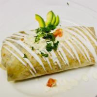 Carne Enchilada Burrito · Spicy marinated pork. Flour tortilla rolled with rice, refried beans, onions, cilantro and q...