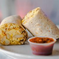 The Breakfast Burrito · 3 scrambled eggs, cheddar cheese, baked potatoes, sausage and bacon with a side of pico de g...