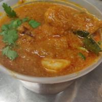 Royyala Pulusu Curry · Shrimp cooked in a simple gravy along with tamarind and other herbs and spices.