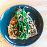 Trout Almondine · pan fried locally sourced trout. brown butter. Marcona almonds. haricots verts.