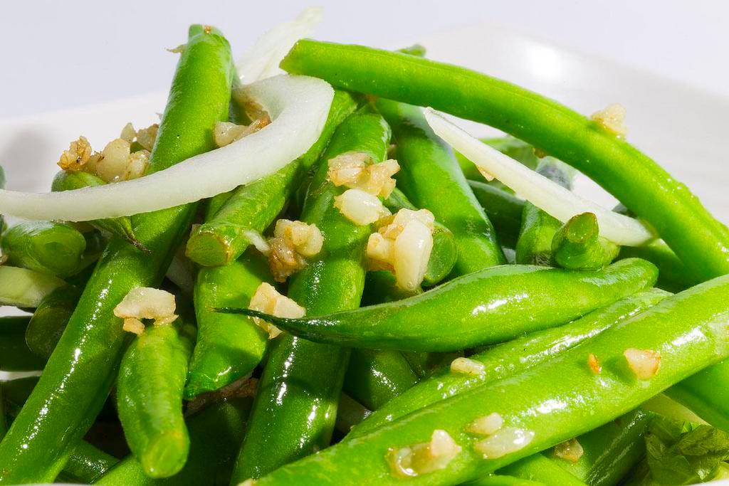 Garlic Green Beans Stir Fry · Fresh picked green beans, onions, garlic stir-fried with house brown sauce.Served with steamed Rice. (Gluten-Free)