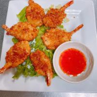 Coconut Butterfly Shrimp (6) tom dua · 6 Fried shrimps  in shredded coconut breadcrumbs. Served with sweet chili sauce and lettuce....