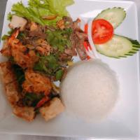10C. Combination Rice Plate - com dac biet · Grilled beef, chicken, pork, shrimp and pork egg rolls.