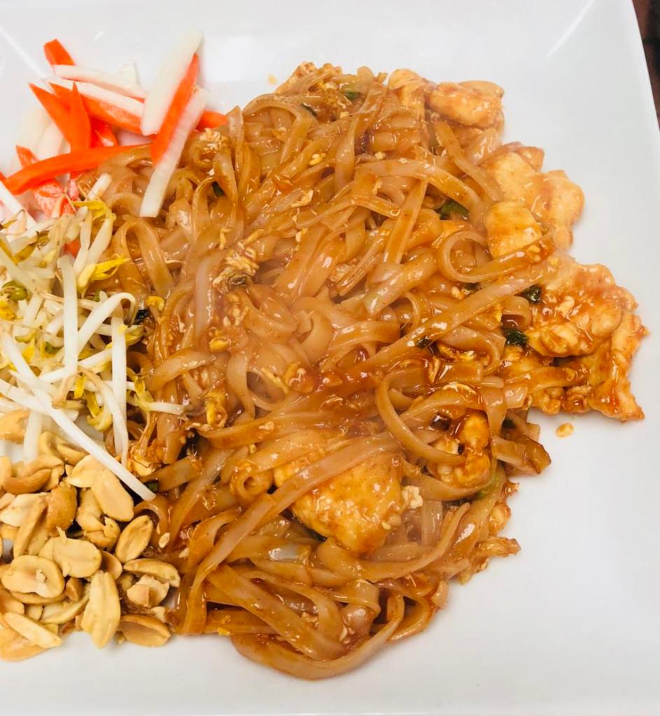 6W. Pad Thai · Choice of chicken, beef, tofu, shrimp or combination. Stir-fried with noodles, egg, green onions, bean sprouts, and peanuts topped.